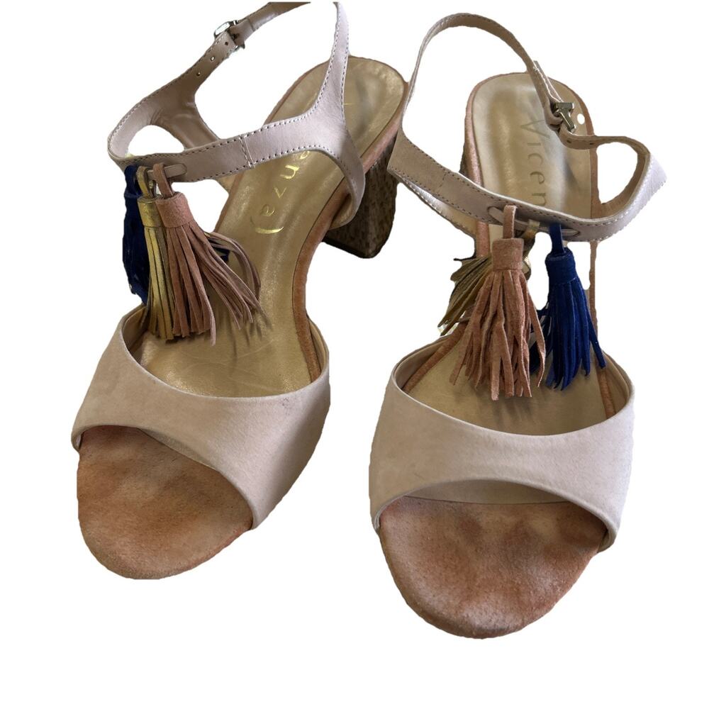 Anthropologie Vicenza Sz 37 7 Tassel Beige Blue Neutral Heels Suede